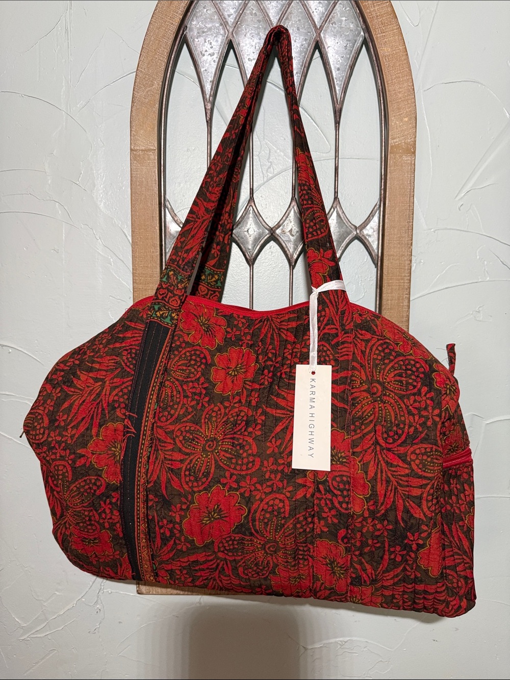 Karma Highway Red Floral Quilted Tote with Shoulder Straps
